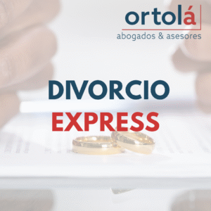 Manos con los anillos de boda de fondo y el texto Divorcio Express